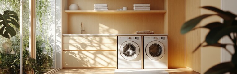 Modern laundry room with washer and dryer, minimalistic design, and natural light.