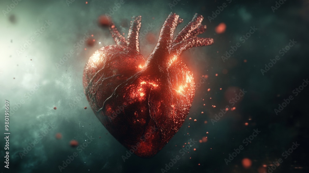 Poster The vibrant, glowing heart floats in a shadowy environment, pulsating with an otherworldly energy. Its intricate details highlight veins and textures against a backdrop of swirling darkness.