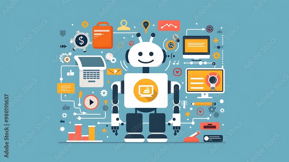 Poster illustration of a robot connected to various technology symbols, representing the concept of artific