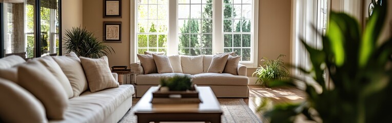 A cozy living room with natural light, plants, and comfortable seating.