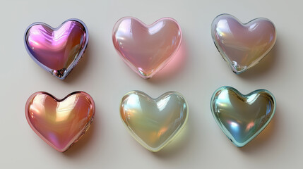 Colorful glass hearts: six iridescent heart-shaped decorations on a soft background