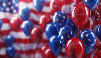 Red and blue balloons with American flag background