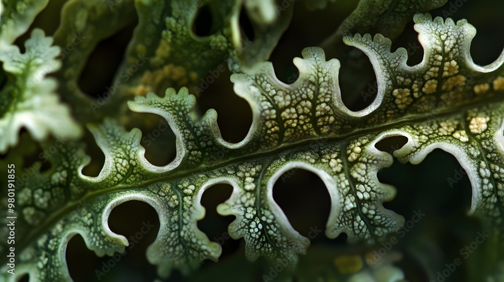 Poster a close-up view of a green leaf with intricate patterns and white veins