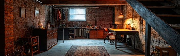 A cozy basement workspace with wooden accents and a warm ambiance.