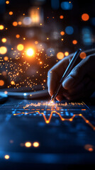 A person is writing on a computer screen with a pen. The image has a futuristic and technological vibe, with the pen and the computer screen being the main focus