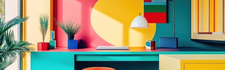 A vibrant workspace featuring colorful decor and plants, designed for creativity and productivity.