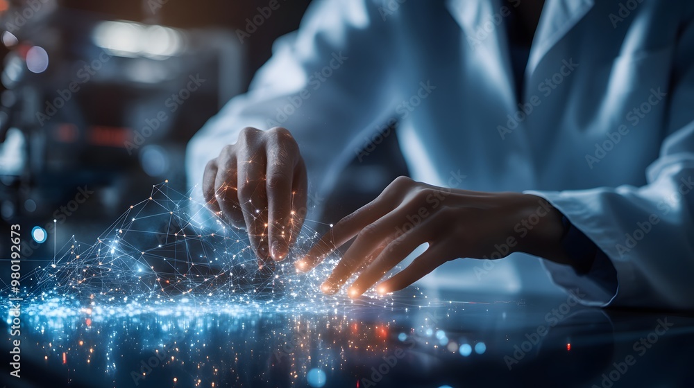 Poster hands interacting with a glowing digital network