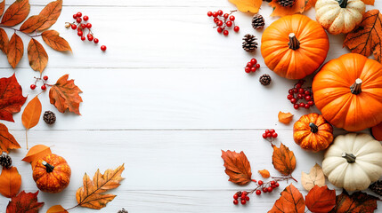 Autumn Harvest Frame with Pumpkins and Leaves on White Background. Decorative autumn scene featuring colorful pumpkins and leaves arranged on a white wooden surface. Perfect for seasonal themes