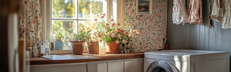 Fototapeta premium A cozy laundry room with floral wallpaper, a washing machine, and potted plants by the window.