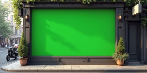 Store Window Mockup: Elegant Green Screen Shopfront Display with Plants for Urban Retail Advertising
