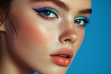 Close-up shot of a young model showcasing vibrant make-up with bold eyeliner and bright eyeshadow against a blue backdrop in studio lighting