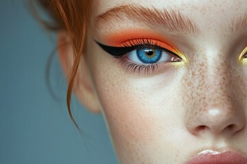 Fototapeta premium Bright and bold close-up beauty shot of a young model showcasing colorful make-up artistry with striking eyeliner