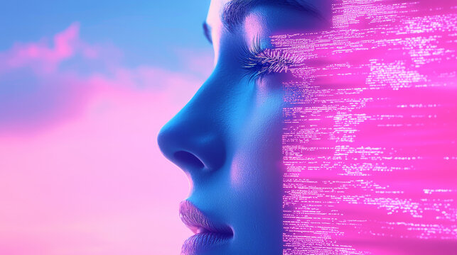 A woman's face is partially obscured by a stream of digital code, suggesting a merging of the physical and digital worlds.
