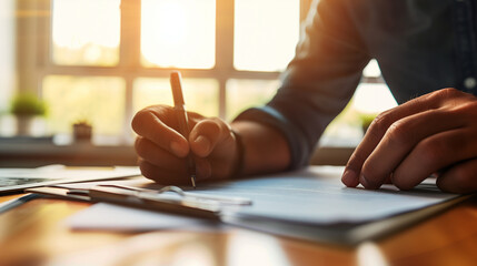 Confident businessman signing a contract, surrounded by financial documents, symbolizing price guarantees and business security