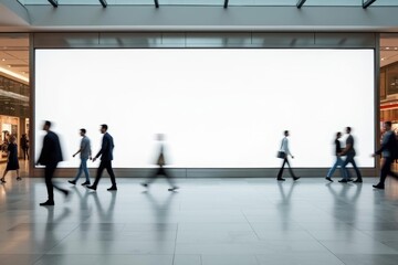 Exhibition Display Mockup: Large-Scale Blank Screen in Modern Gallery Space with Visitors for Art and Product Showcases
