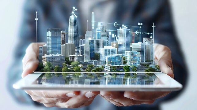 Person holds tablet with digital model of city showing skyscrapers buildings and streets for representing urban planning smart technology and interactive visualization concept.