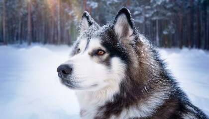 Naklejka premium A Siberian husky with snow-covered fur standing in a serene winter forest, looking intently into the distance with piercing eyes.