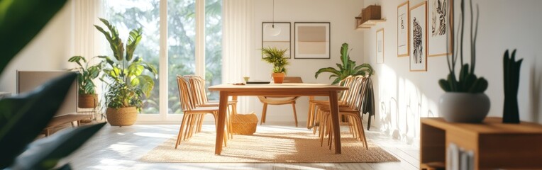 A bright, modern dining room with plants and natural light.