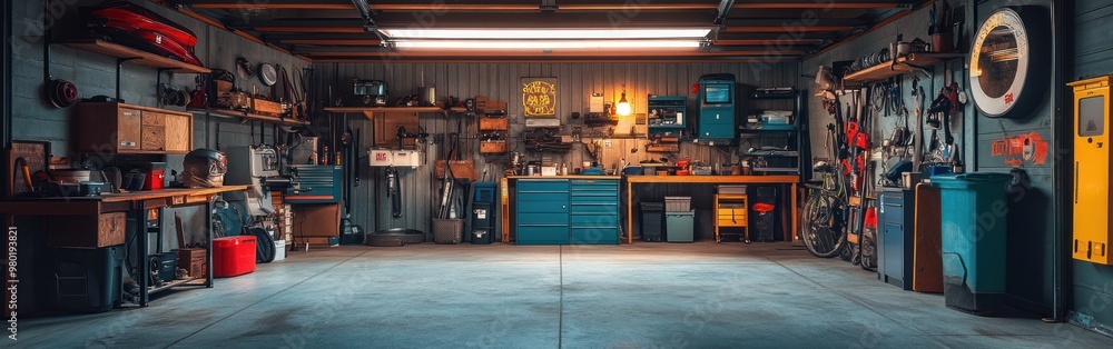 Sticker A spacious garage filled with tools, equipment, and organized workspaces for DIY projects.