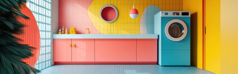 A colorful laundry room featuring a washing machine, sink, and vibrant wall design.