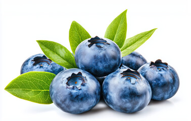 Fototapeta premium Fresh blueberries with green leaves on white background – healthy food and fruit theme