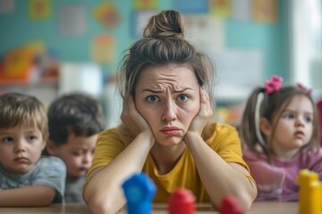 Fototapeta premium Teacher feeling overwhelmed with numerous children in a busy daycare classroom during playtime