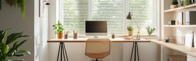 A modern home office with a desk, computer, and plants, promoting productivity and comfort.