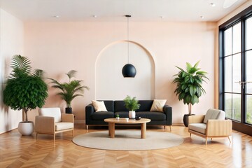Contemporary living room with modern furniture and cozy decor, featuring a sofa, armchair, table, and stylish lighting in a luxurious and comfortable space
