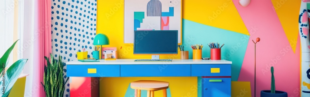 Sticker A colorful workspace featuring a desk, computer, and vibrant wall designs.