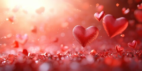 Obraz premium Romantic Red Hearts Floating on a Deep Red Valentine's Day Background