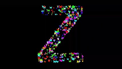 Beautiful illustration of English alphabet Z with colorful butterflies on plain black background