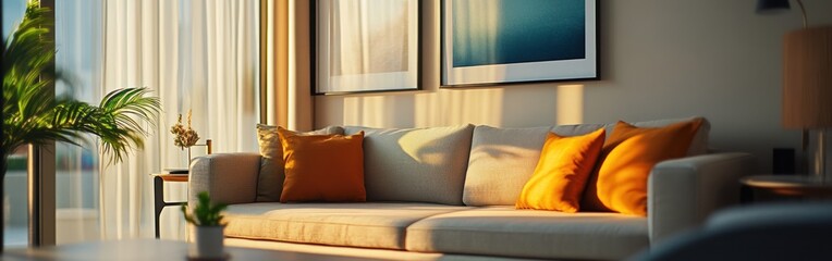 A cozy living room with natural light, a sofa, and decorative elements.