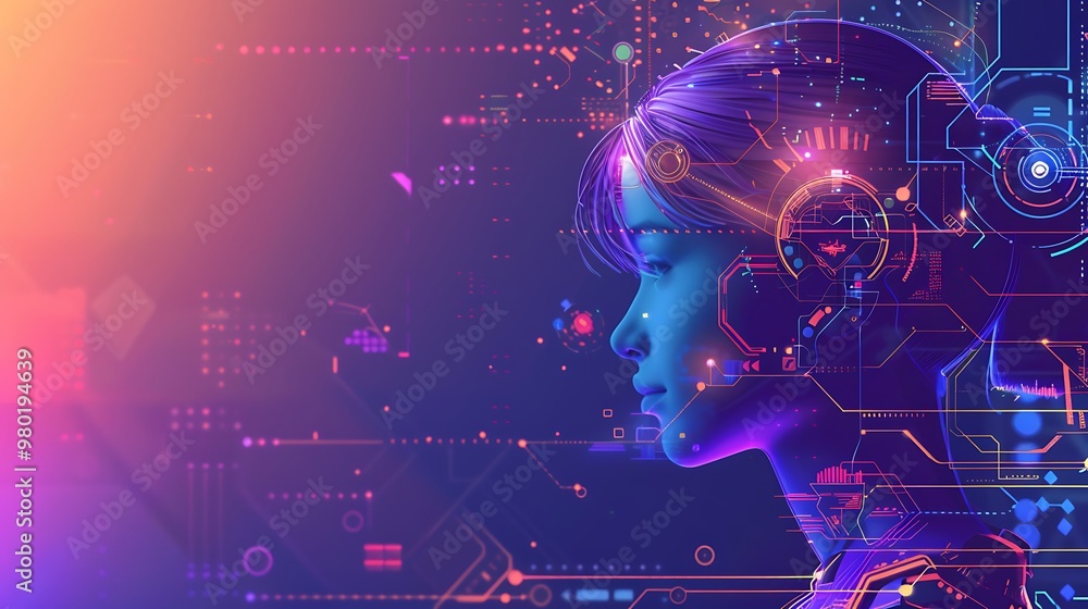 Poster woman's face is digitalized, surrounded by glowing neon circuit boards and futuristic technology, sy