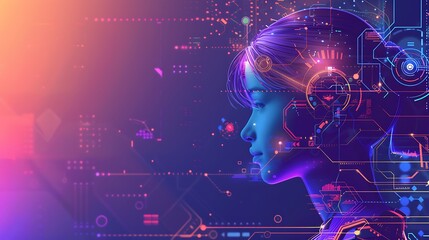 Womans face digitalized with glowing neon circuit boards and futuristic technology for representing artificial intelligence evolution and human machine integration concept.