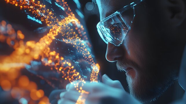 A Man in Safety Glasses Gazing at a Holographic Projection of Data - Powered by Adobe