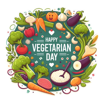 AI Generated Happy Vegetarian Day Text with Many Foods and Vegetables. Happy Vegetarian Background Cartoon Vector Flat Design
