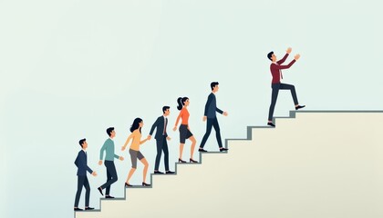 A group of people are walking up a set of stairs