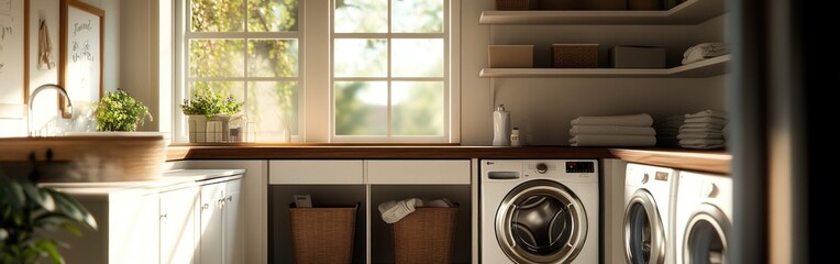 Fototapeta premium A bright laundry room featuring a washer, dryer, and organized shelves with plants.