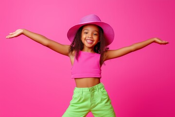 Joyful Black girl in funky outfit dancing happily in vibrant studio setting