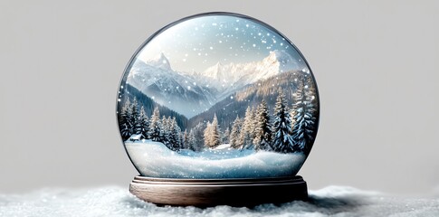 A glass snow globe with a snowy mountain scene inside.