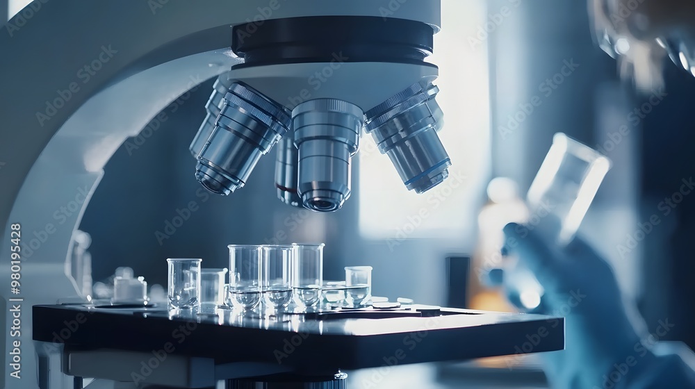 Poster a microscope with multiple objectives over a stage with glassware