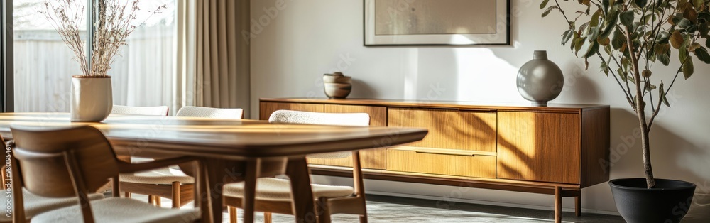 Wall mural A cozy dining area featuring wooden furniture and decorative plants.