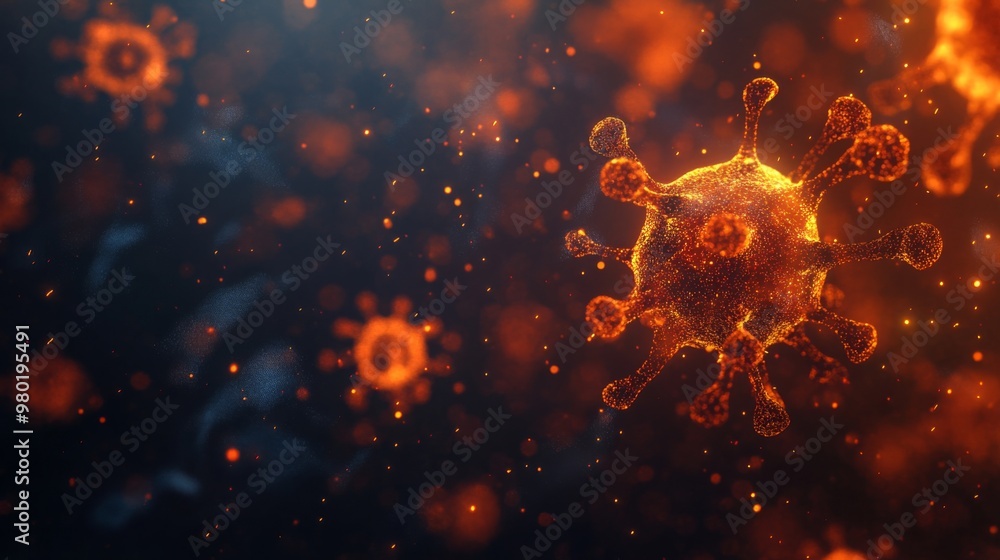 Poster a vibrant depiction of a virus particle showing intricate surface features and glowing details, set 
