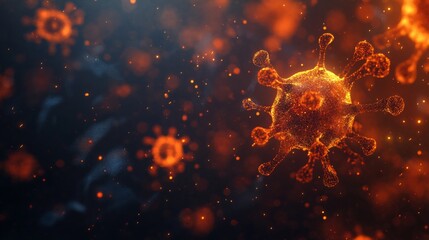 A vibrant depiction of a virus particle showing intricate surface features and glowing details, set against a dark, blurred background