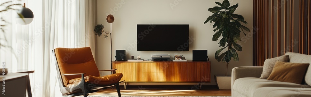 Wall mural Cozy living room with a TV, plant, and modern furniture creating a warm atmosphere.