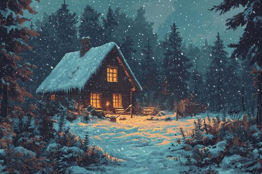 Cozy log cabin in snowy winter forest with glowing windows and stream