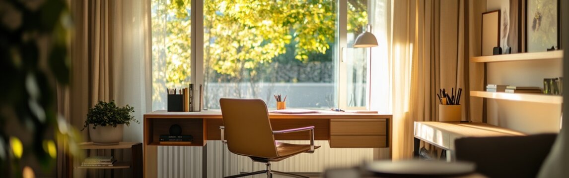A serene home office with a desk, chair, and large window showcasing outdoor greenery.