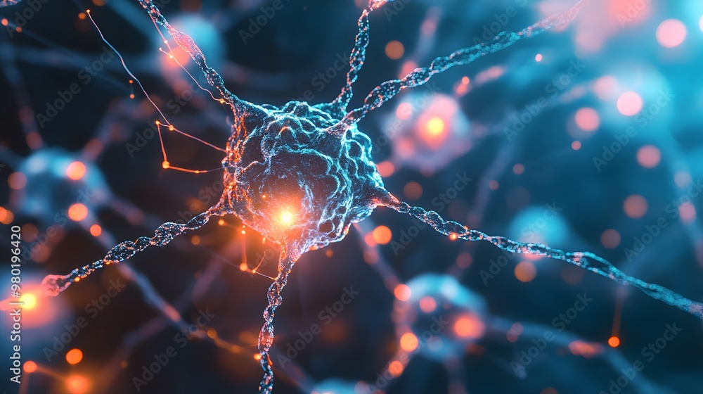 Aufkleber a detailed 3d render of a neuron cell with intricate axons and dendrites