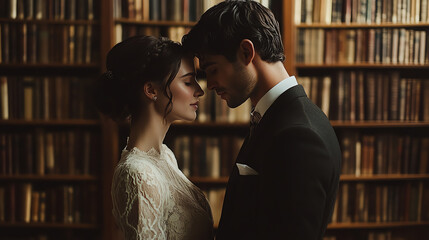 "A couple exchanging vows in front of towering bookshelves filled with vintage books close up, literary romance theme, ethereal, overlay, grand library as backdrop",A_couple_exchan
