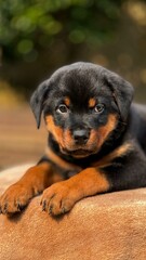 Cute rottweiler puppy lying down resting outdoors.